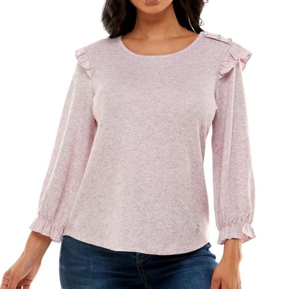 Adrienne Vittadini 3/4 Ruffle Sleeve Hacci Top Rhinestone Buttons Women’s Large - Picture 1 of 6